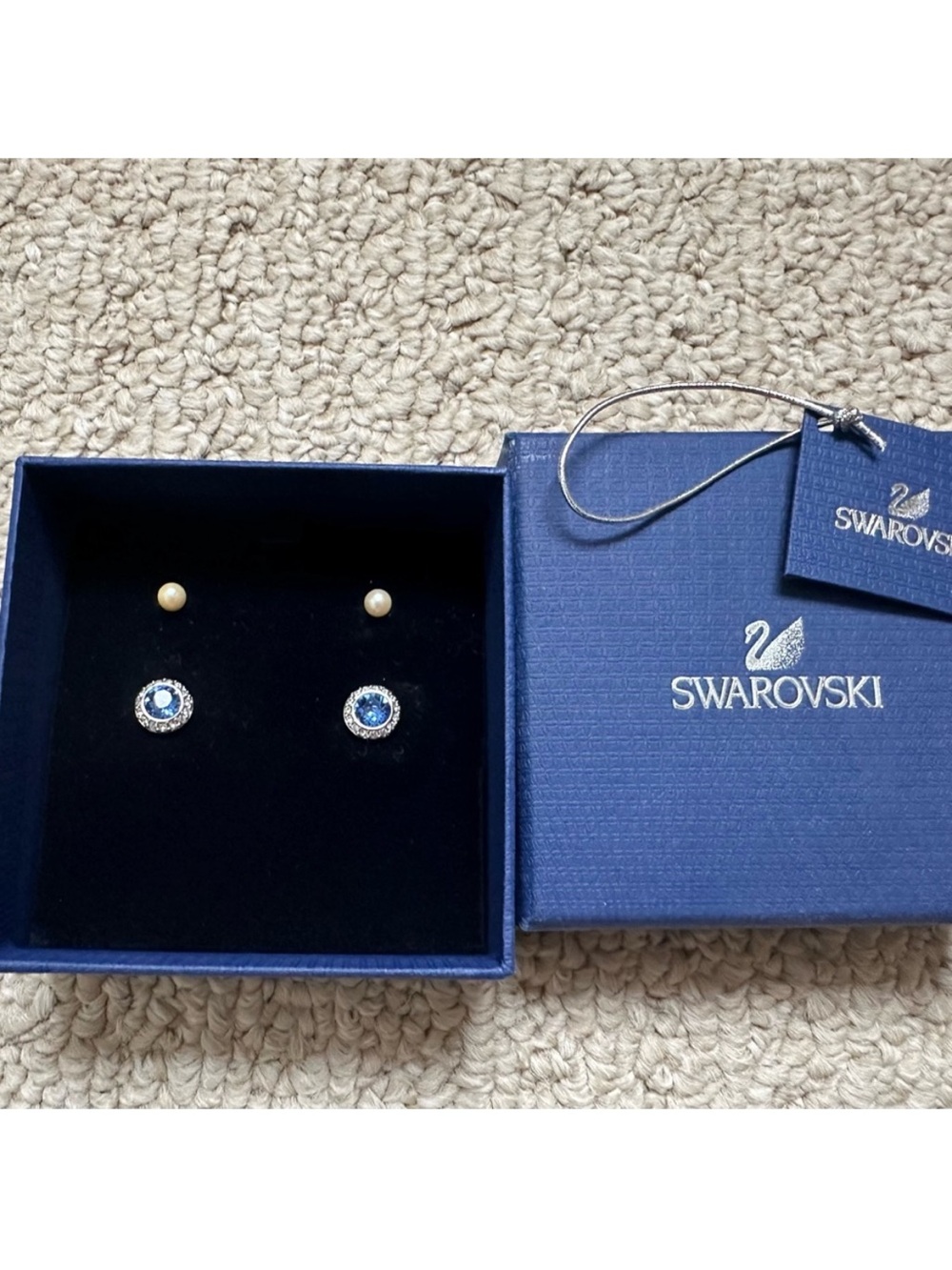 Swarovski Blue Crystal Halo and Pearl Stud Earrings